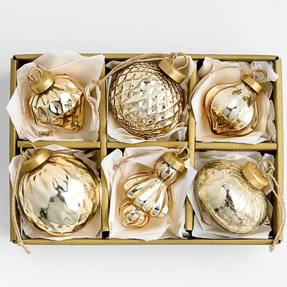 New! Crate&Barrel Gold Glass Ornament Collection, Set of 6